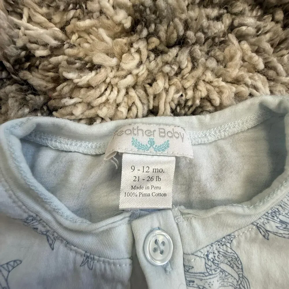 Feather Baby 9-12 Months Pima Cotton Blue Fish Romper Henley Button Outfit READ